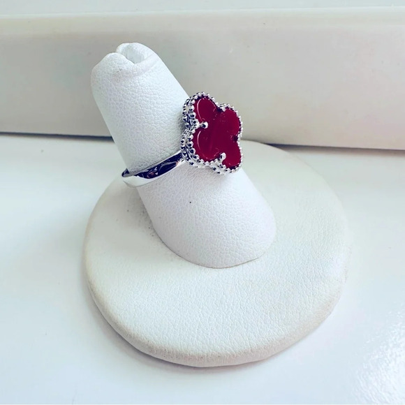 Sterling Silver Four Leaf Clover Carnelian Adjustable Ring - Picture 3 of 6